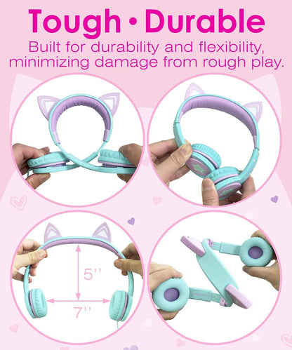 Children's LED Cat Ear Headphones - Safe 85dB Volume Limiting, Comfortable On-Ear Design, Tangle-Free Cables for Tablets and Travel - Teal and Light Purple