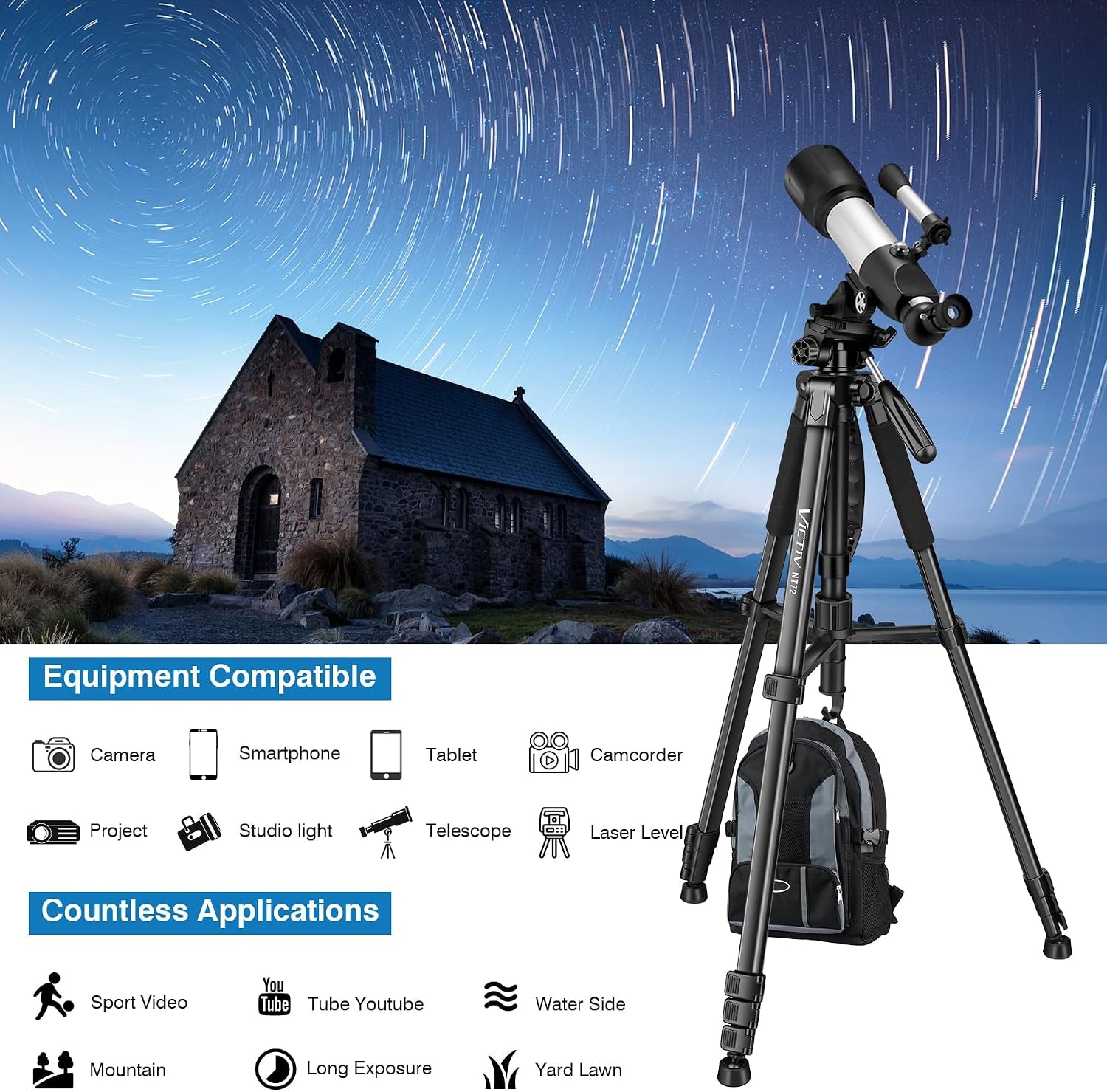 Tripod for Camera and Phone, 72" Tall Camera Tripod Monopod with Remote, Professional Heavy Duty Compact Camera Stand for Iphone, DSLR, Spotting Scope, Telescope, Binocular