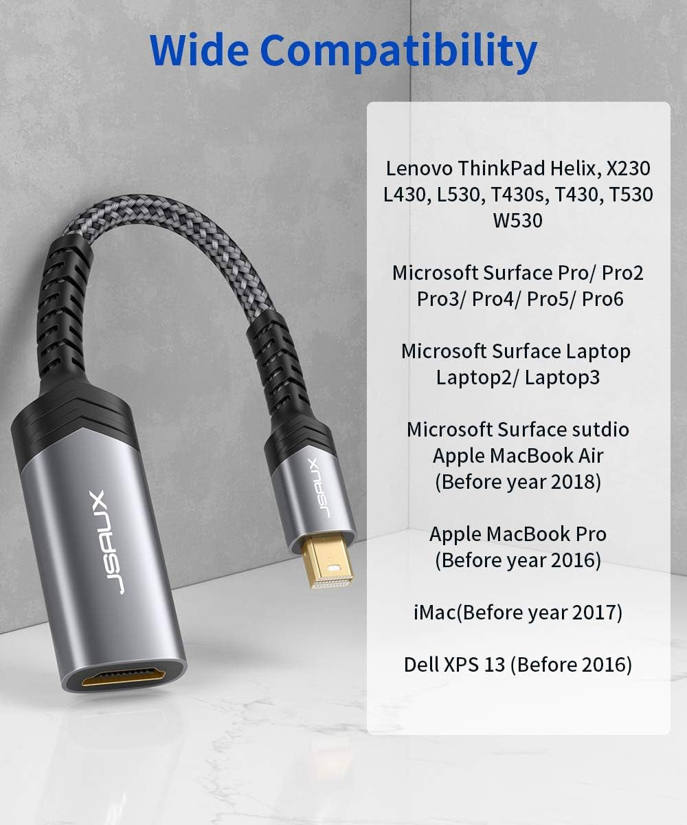 Mini Displayport to HDMI Adapter, Mini DP to HDMI Adapter Nylon Braided Aluminum Shell Compatible with Macbook Air/Pro, Microsoft Surface Pro/Dock, Monitor, Projector and More-Gray