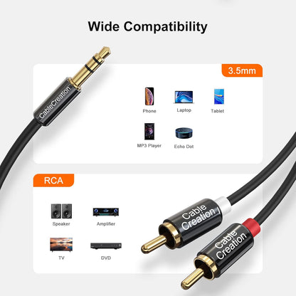 3M Premium RCA Audio Cable - 3.5mm Male to Dual Male RCA Y Splitter for Enhanced Stereo Sound, Black
