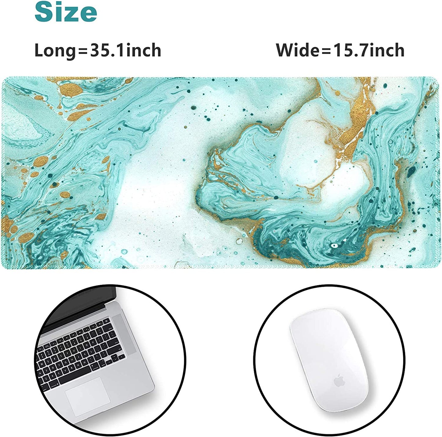 XXL Extended Gaming Mouse Pad - Non-Slip Rubber Base, Stitched Edges, Teal Turquoise Marble Design - Perfect for Work, Gaming, and Home Office - 35.1 x 15.7 Inches