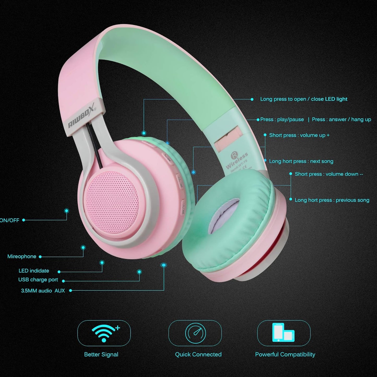 WT-7S Wireless Bluetooth Headphones with Microphone and Volume Control - Foldable Stereo Headset for PC, Tablet, TV, and Travel (Pink Green)