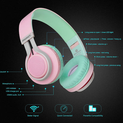 WT-7S Wireless Bluetooth Headphones with Microphone and Volume Control - Foldable Stereo Headset for PC, Tablet, TV, and Travel (Pink Green)