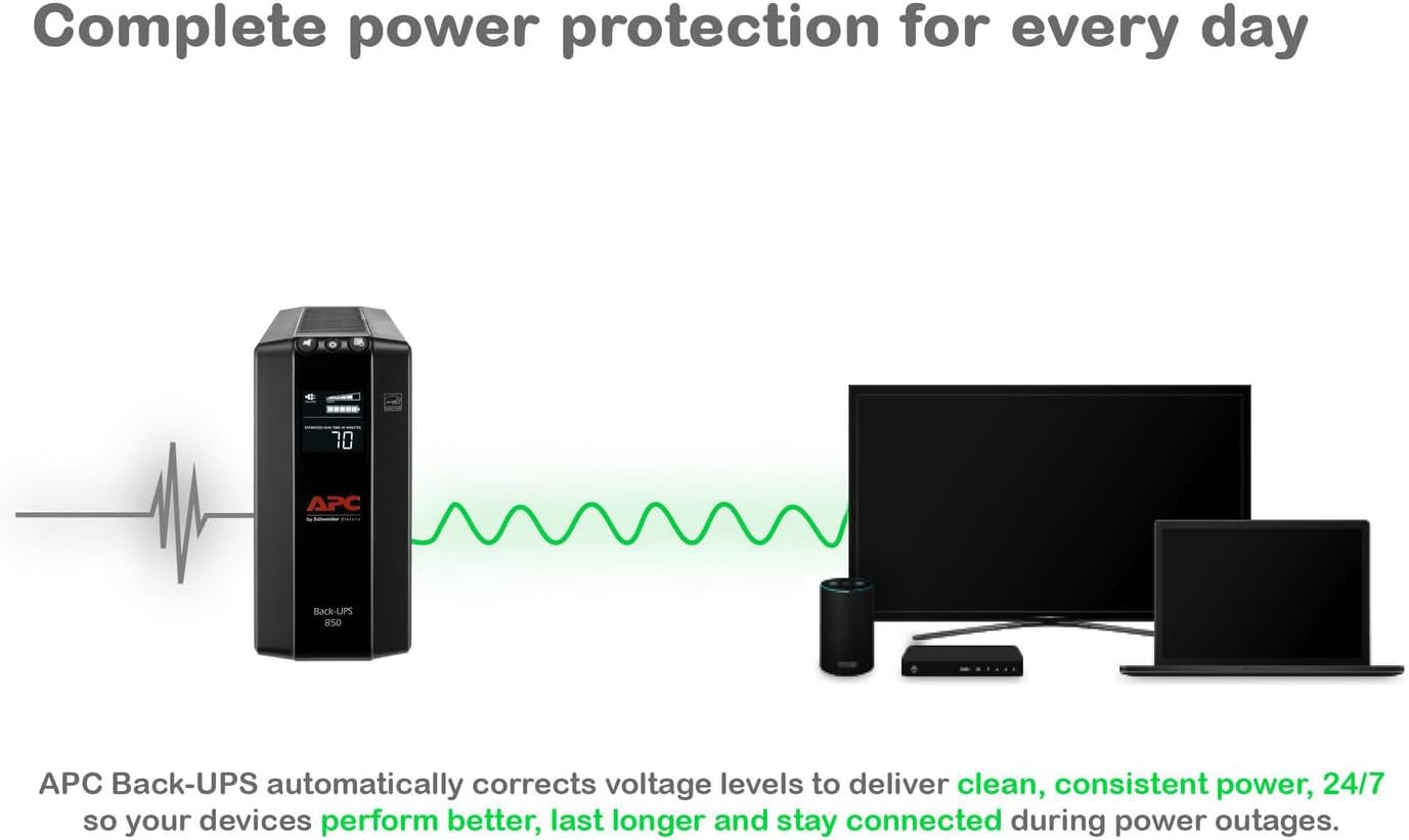850VA Pro UPS Battery Backup - 8 Outlets, LCD Display, AVR & Surge Protection for Home Offices - 29-Minute Runtime for PCs & Workstations