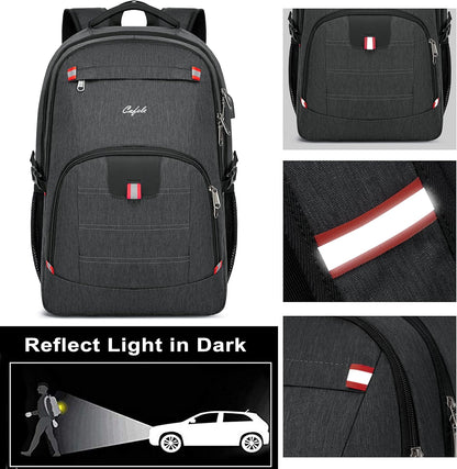 Waterproof 17" Laptop Backpack - Large Capacity Rucksack with USB Charging Port for School, Work & Travel - Stylish Grey Design for Men & Women
