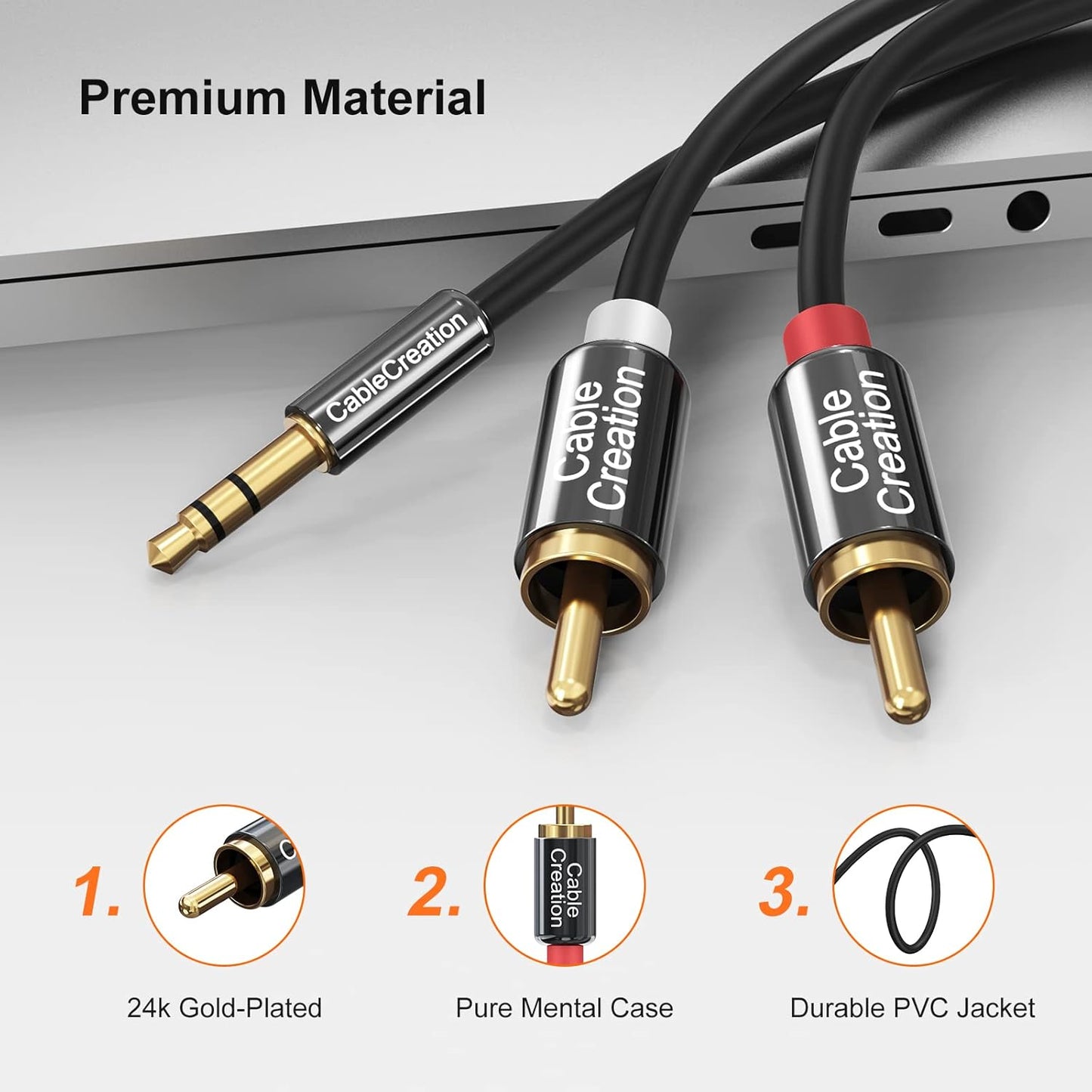3M Premium RCA Audio Cable - 3.5mm Male to Dual Male RCA Y Splitter for Enhanced Stereo Sound, Black