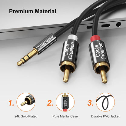 3M Premium RCA Audio Cable - 3.5mm Male to Dual Male RCA Y Splitter for Enhanced Stereo Sound, Black
