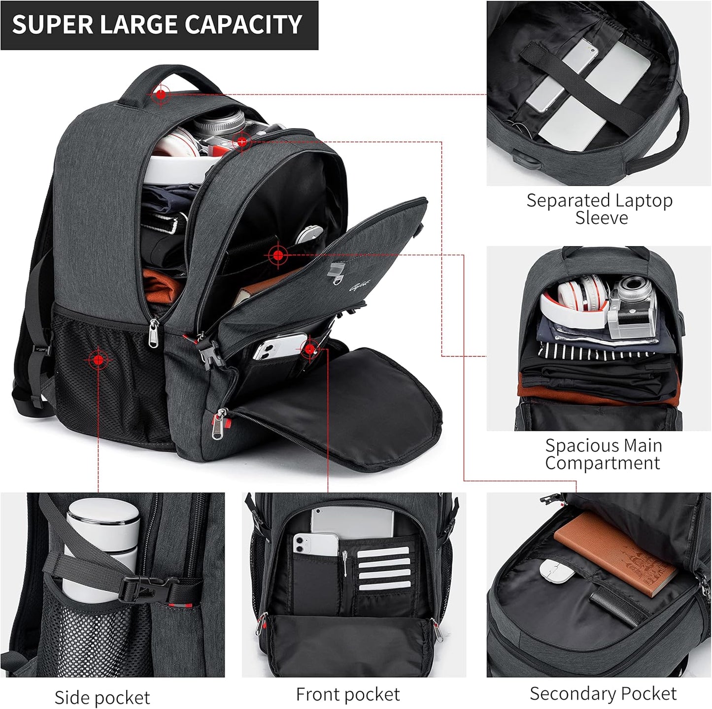 Waterproof 17" Laptop Backpack - Large Capacity Rucksack with USB Charging Port for School, Work & Travel - Stylish Grey Design for Men & Women