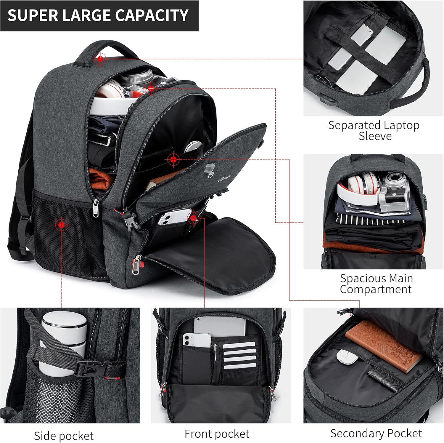 Waterproof 17" Laptop Backpack - Large Capacity Rucksack with USB Charging Port for School, Work & Travel - Stylish Grey Design for Men & Women