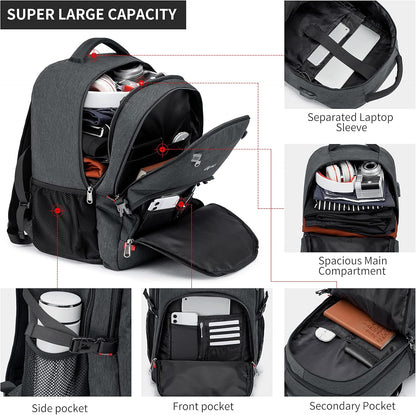 Waterproof 17" Laptop Backpack - Large Capacity Rucksack with USB Charging Port for School, Work & Travel - Stylish Grey Design for Men & Women