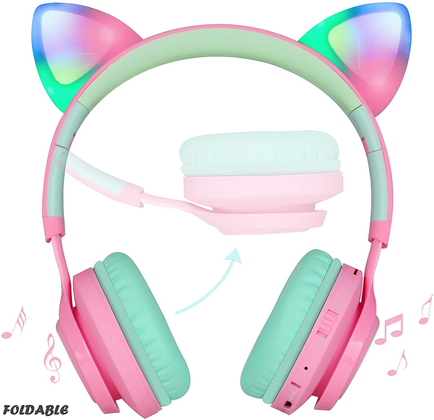 CT-7 Cat Ear Bluetooth Headphones for Kids - LED Light Up, Wireless Over Ear with Microphone & Volume Control - Perfect for Travel, School & Devices (Pink & Green)