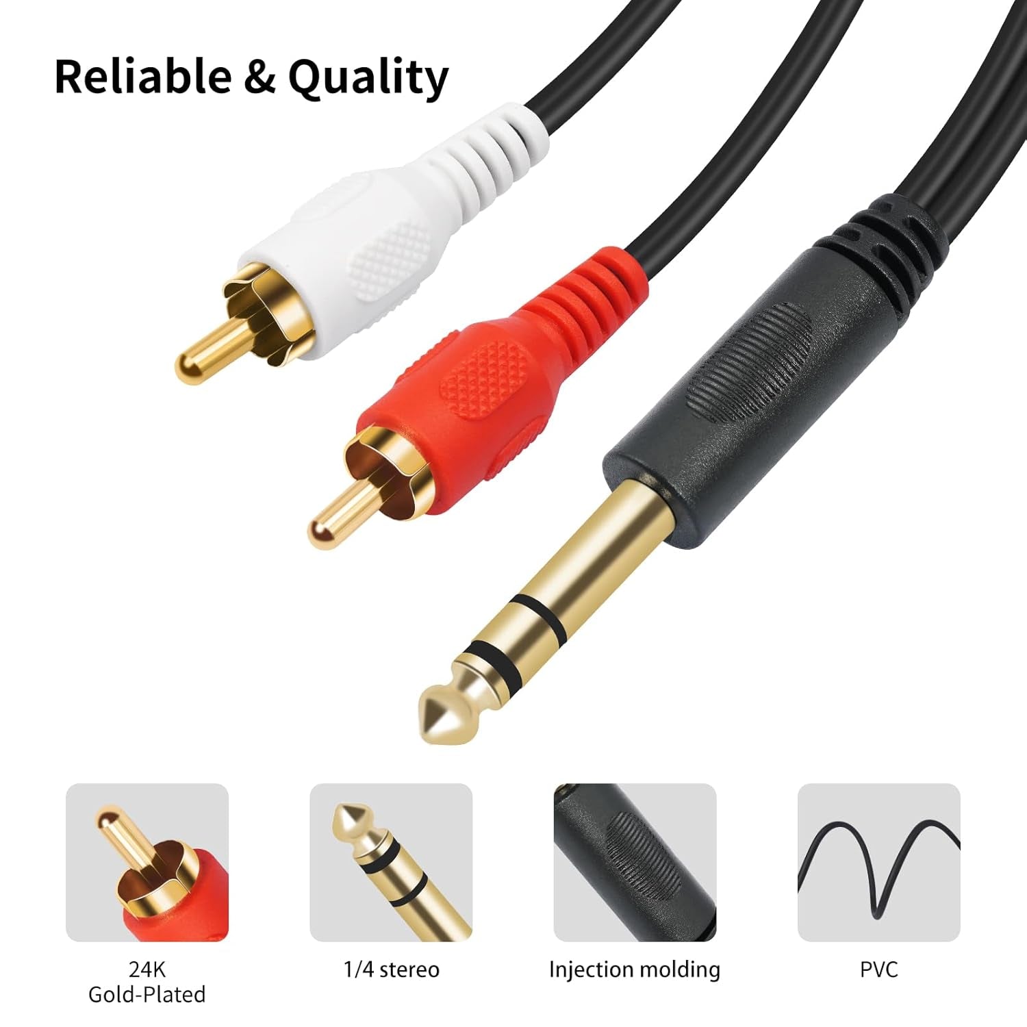 Premium Gold-Plated 6.35mm TRS to Dual RCA Audio Y Splitter Cable - 1.5M Length