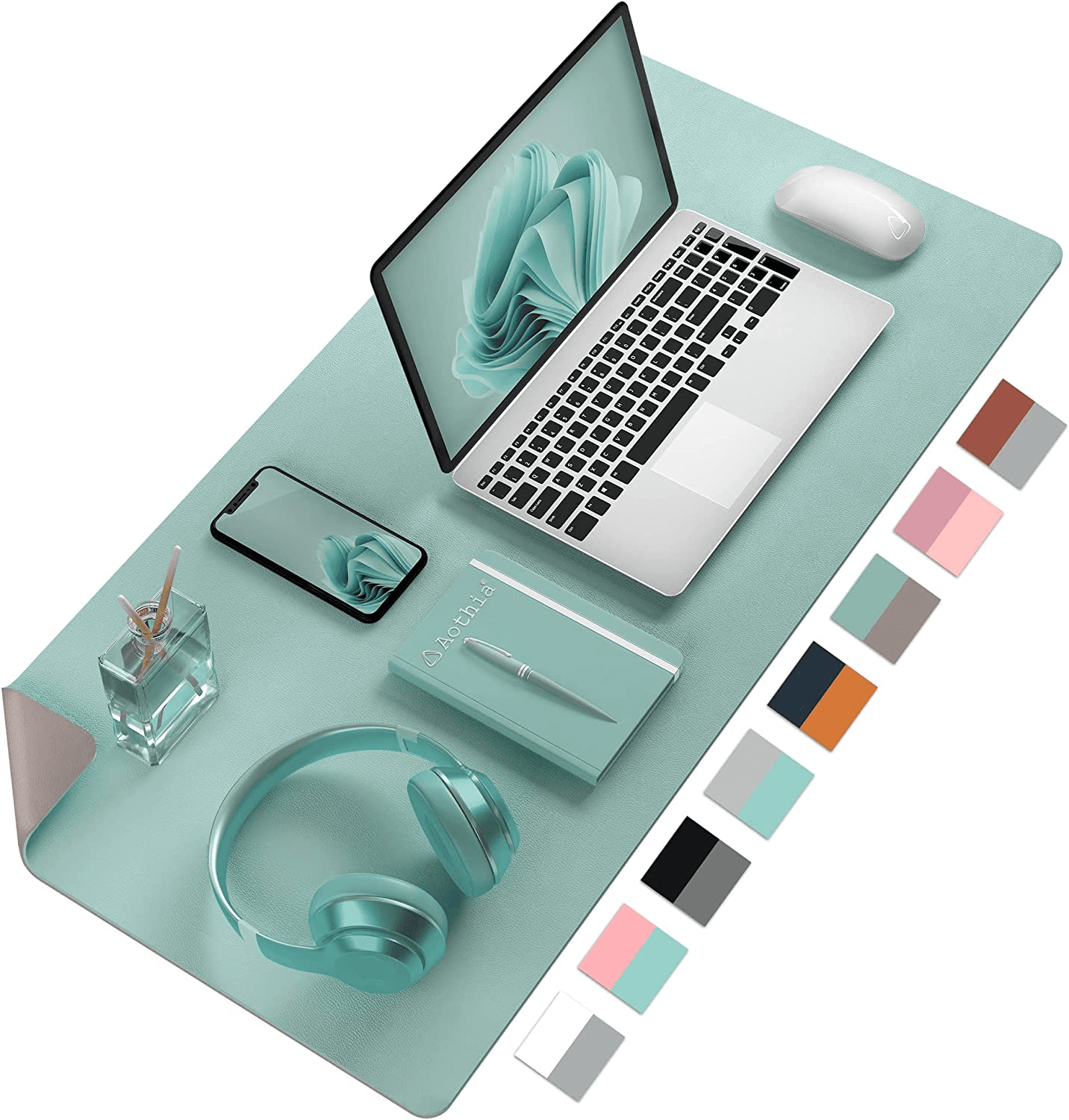 Large Dual-Sided Desk Mat - Waterproof PU Leather | Lake Blue 31.5" x 15.7"