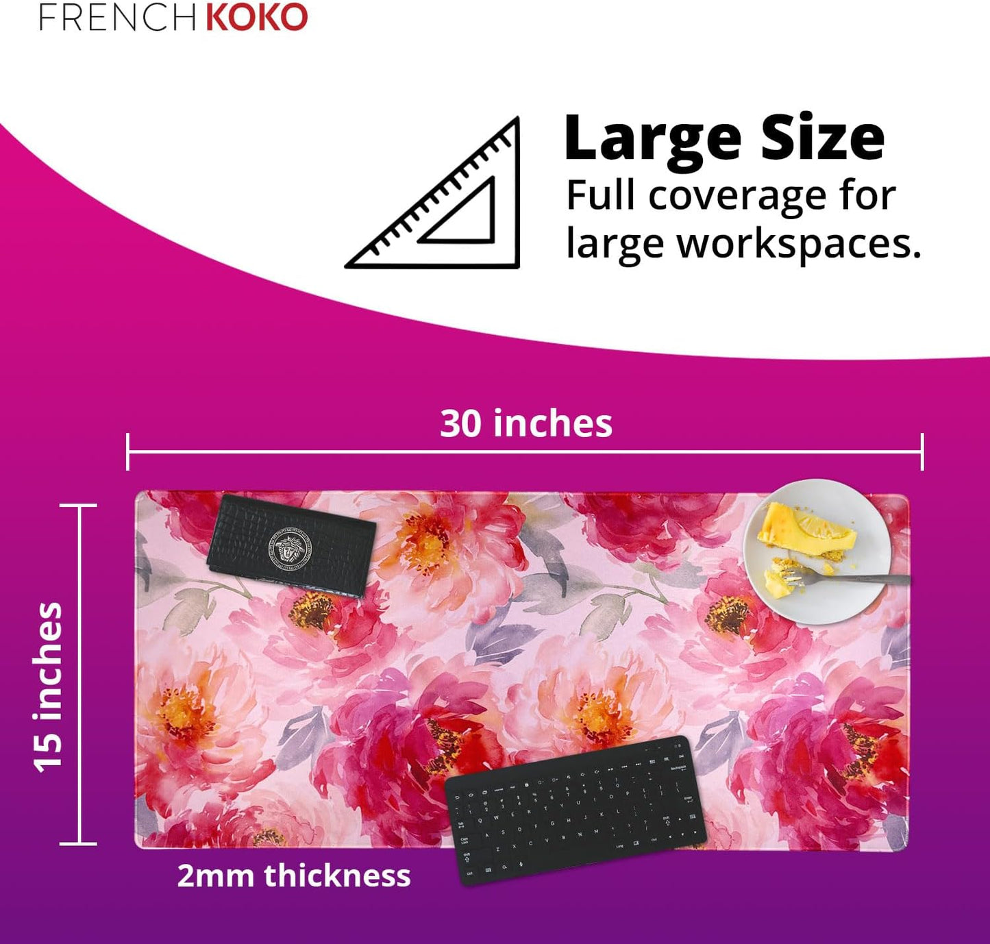 Large Floral Mouse Pad - 15" X 30" Non-Slip Waterproof Desk Mat for Aesthetic Workstations