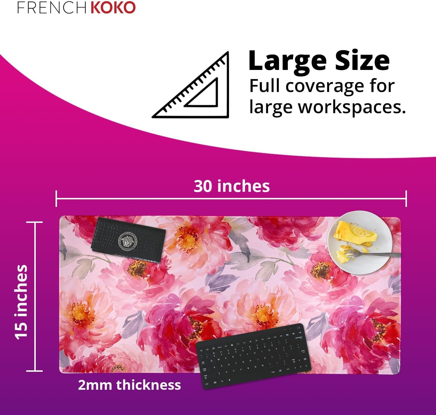 Large Floral Mouse Pad - 15" X 30" Non-Slip Waterproof Desk Mat for Aesthetic Workstations
