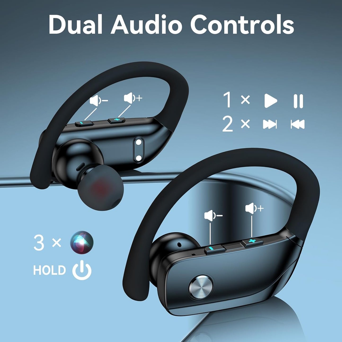 Ear Buds Wireless Earbuds Bluetooth Headphones with 80H Playtime LED Display Case, Over-Ear Hook with Mic, Stereo Sound, Easy Button Controls, Sports Earphones for Running Workout Gym Black