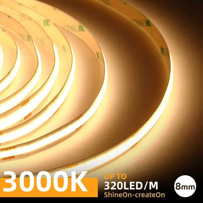 COB LED Strip Lights Warm White, 24V Dimmable Led Light Strip KIT, 3000K 9.84Ft/3M Ra>90 8Mm Wide Cuttable Flexible Strip Lights with Remote and UL Power Supply for Bedroom, Kitchen & DIY Decor