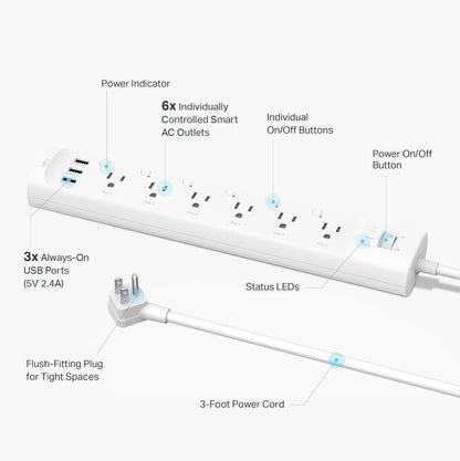 Tapo Smart Wi-Fi Power Strip - Matter Compatible, Energy Monitoring, Surge Protection, 6 Individually Controlled Outlets & 3 USB Ports, Works with Alexa, Google Assistant, Siri & Bixby - Tapo P316M