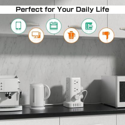 Tower Surge Protector Power Strip with 12 Outlets 4 USB (1 USB C), 6.5Feet Extension Cord with Multiple Outlets, Charging Station, Power Strip Tower, Office Desk Supplies