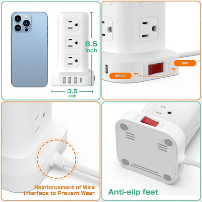 Tower Surge Protector Power Strip with 12 Outlets 4 USB (1 USB C), 6.5Feet Extension Cord with Multiple Outlets, Charging Station, Power Strip Tower, Office Desk Supplies