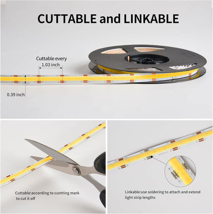 CCT COB LED Strip Lights, Tunable White Dimmable 2700K-6500K, 24V LED Tape Light Kit 16.4Ft/5M,8Mm Wide,High Density Cri90+With Ul-Listed Adapter,For Bedroom,Kitchen,Diy Lighting