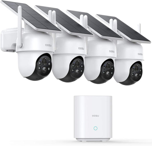 Security Cameras Outdoor Wireless, 4 Cam-Kit, No Subscription Required, Solar-Powered, Home Security Cameras System with 360° Pan & Tilt, Auto Tracking, 2K Color Night Vision, Easy Setup