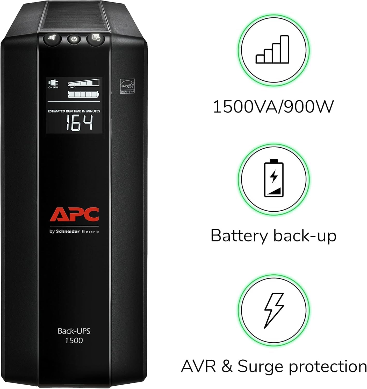 UPS 1500VA/900W Pro UPS Battery Backup for Office Electronics, BX1500M | 1500VA Back-Ups Pro for Home Offices — 10 Outlets, LCD, AVR, Surge Protection, 68-Min Runtime (@100W) for Pcs & Workstations