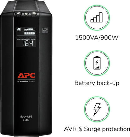 UPS 1500VA/900W Pro UPS Battery Backup for Office Electronics, BX1500M | 1500VA Back-Ups Pro for Home Offices — 10 Outlets, LCD, AVR, Surge Protection, 68-Min Runtime (@100W) for Pcs & Workstations