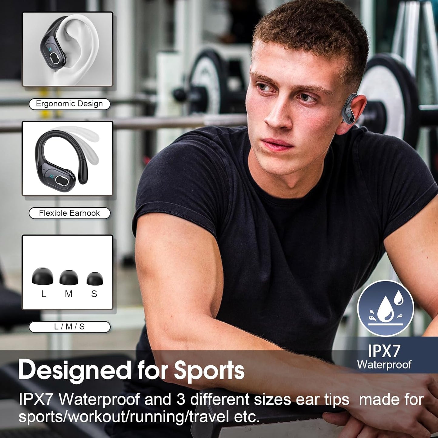 Wireless Earbuds 75H Bluetooth 5.4 Sport Headphones with Earhooks, Black | IPX7 Waterproof In-Ear Buds Feature ENC Noise Cancelling Mic & Deep Bass. Stereo Sound Device for Gym Running Workout