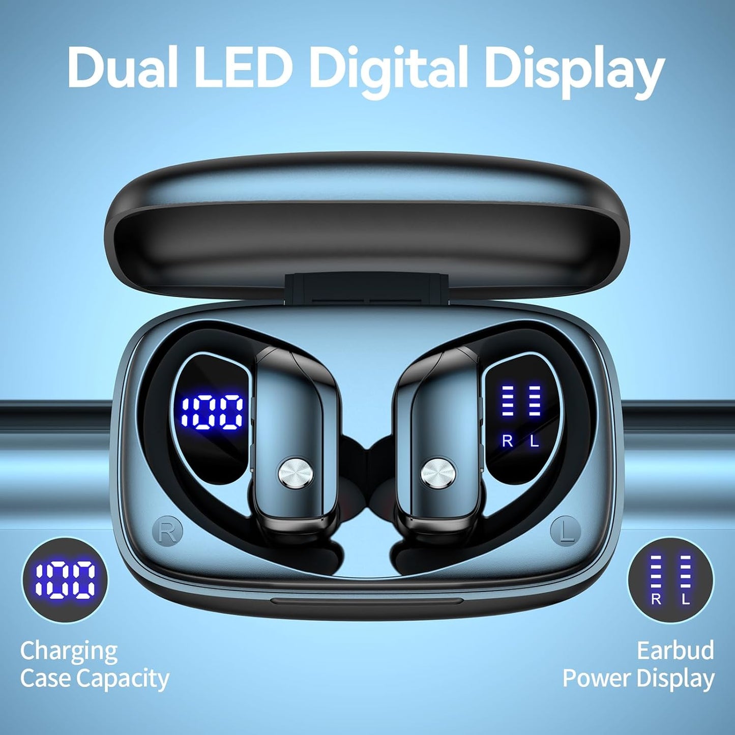 Ear Buds Wireless Earbuds Bluetooth Headphones with 80H Playtime LED Display Case, Over-Ear Hook with Mic, Stereo Sound, Easy Button Controls, Sports Earphones for Running Workout Gym Black