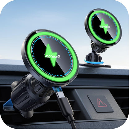 15W for Magsafe Car Mount Charger Vent Dashboard 360° for Iphone | 20X Strong Magnets Wireless Car Phone Holder Charger Phone Holder Accessories for Women Men for Iphone 17 16 15 Pro Max Black