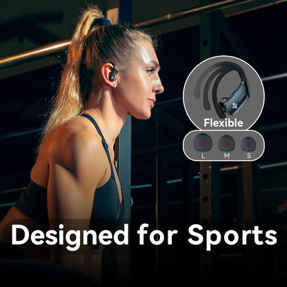 Ear Buds Wireless Earbuds Bluetooth Headphones with 80H Playtime LED Display Case, Over-Ear Hook with Mic, Stereo Sound, Easy Button Controls, Sports Earphones for Running Workout Gym Black