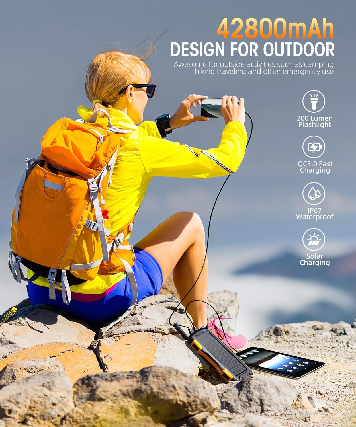 Solar Charger Power Bank 42800Mah, Portable Charger, Solar Power Bank,External Battery Pack 5V3.1A Qc 3.0 Fast Charger Built-In Super Bright Flashlight (Orange)