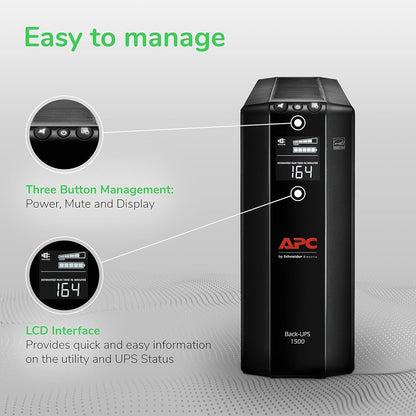 UPS 1500VA/900W Pro UPS Battery Backup for Office Electronics, BX1500M | 1500VA Back-Ups Pro for Home Offices — 10 Outlets, LCD, AVR, Surge Protection, 68-Min Runtime (@100W) for Pcs & Workstations