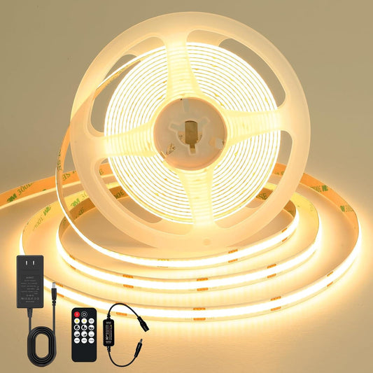 COB LED Strip Lights Warm White, 24V Dimmable Led Light Strip KIT, 3000K 9.84Ft/3M Ra>90 8Mm Wide Cuttable Flexible Strip Lights with Remote and UL Power Supply for Bedroom, Kitchen & DIY Decor