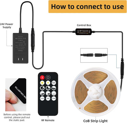 COB LED Strip Lights Warm White, 24V Dimmable Led Light Strip KIT, 3000K 9.84Ft/3M Ra>90 8Mm Wide Cuttable Flexible Strip Lights with Remote and UL Power Supply for Bedroom, Kitchen & DIY Decor