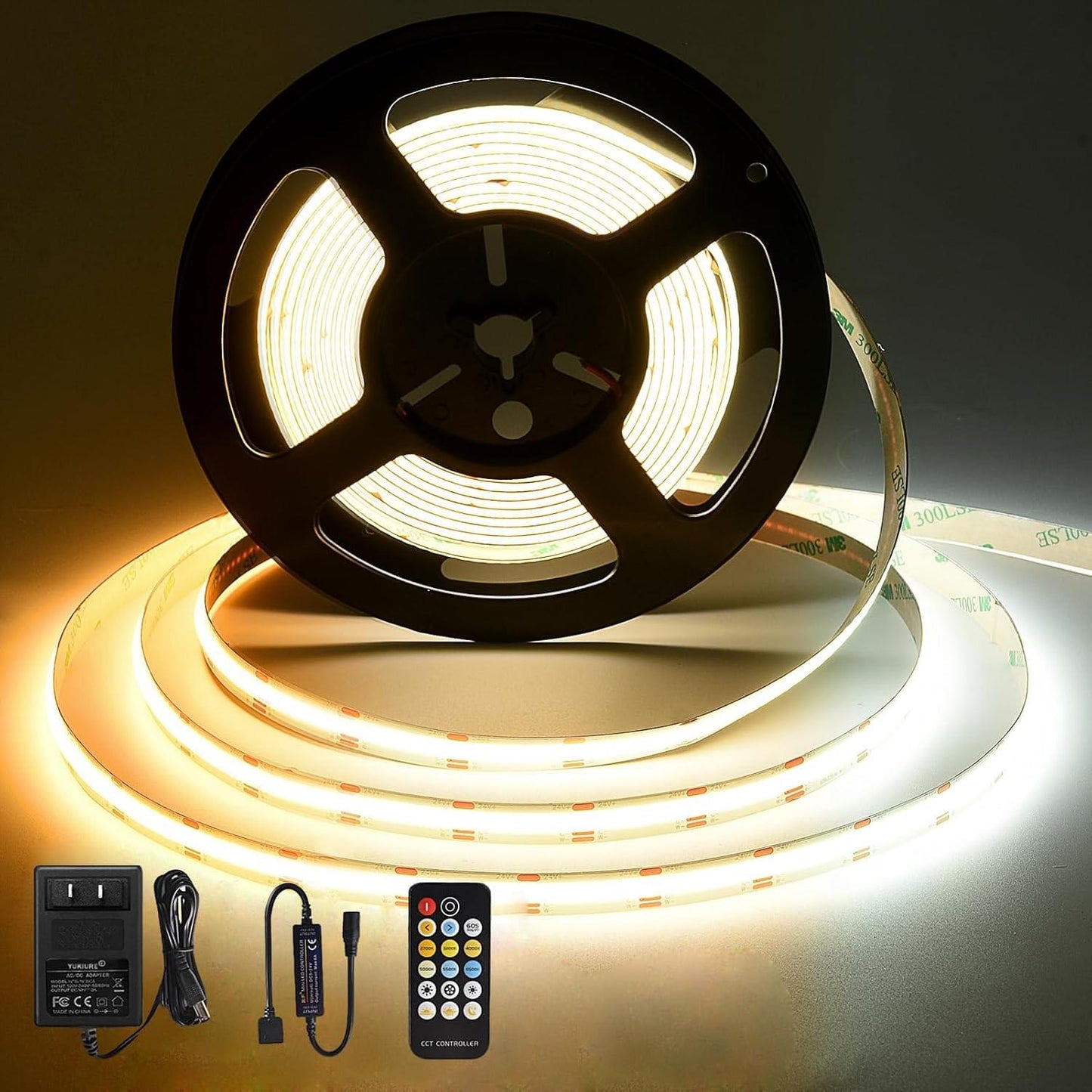CCT COB LED Strip Lights, Tunable White Dimmable 2700K-6500K, 24V LED Tape Light Kit 16.4Ft/5M,8Mm Wide,High Density Cri90+With Ul-Listed Adapter,For Bedroom,Kitchen,Diy Lighting