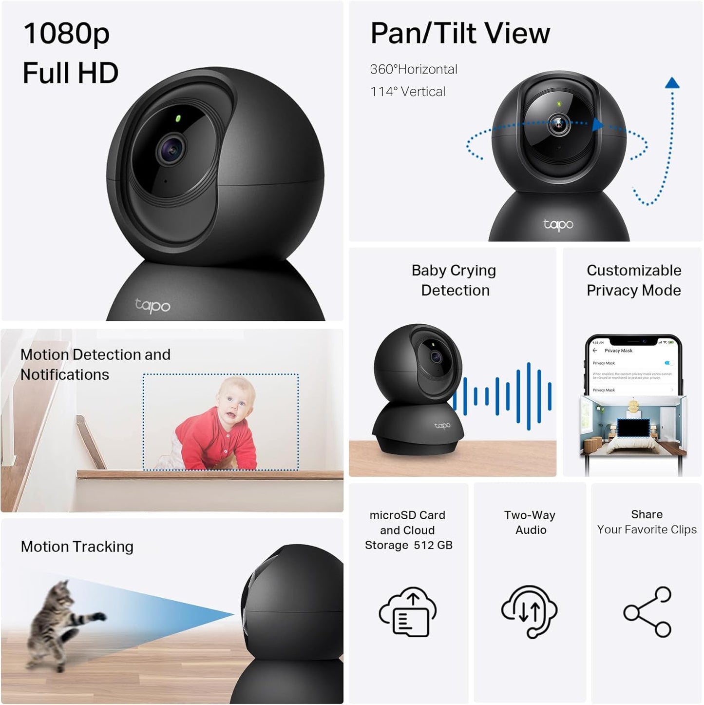 Tapo 1080P Pan/Tilt Security Camera for Baby Monitor, Pet Camera, C201 | Motion Detection, 2-Way Audio, Night Vision, Cloud & SD Card Storage, Works with Alexa & Google Home, Black
