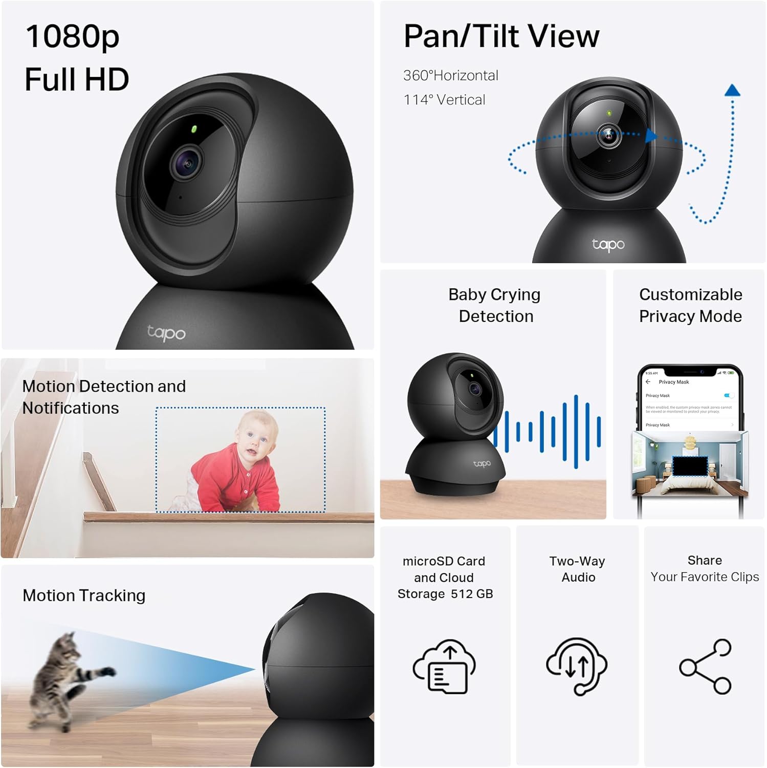 Tapo 1080P Pan/Tilt Security Camera for Baby Monitor, Pet Camera, C201 | Motion Detection, 2-Way Audio, Night Vision, Cloud & SD Card Storage, Works with Alexa & Google Home, Black