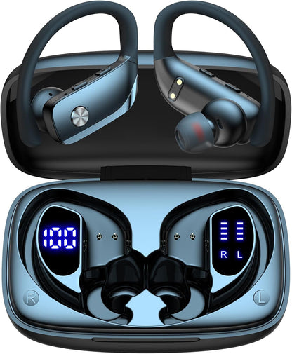 Ear Buds Wireless Earbuds Bluetooth Headphones with 80H Playtime LED Display Case, Over-Ear Hook with Mic, Stereo Sound, Easy Button Controls, Sports Earphones for Running Workout Gym Black