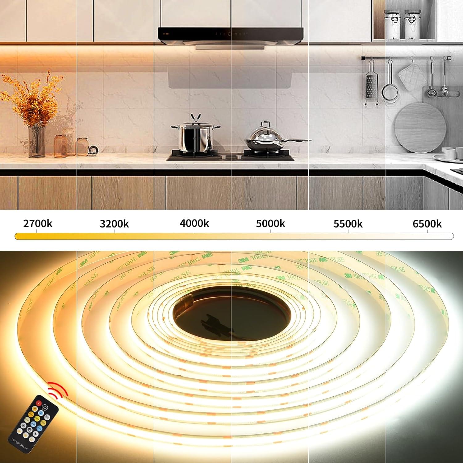 CCT COB LED Strip Lights, Tunable White Dimmable 2700K-6500K, 24V LED Tape Light Kit 16.4Ft/5M,8Mm Wide,High Density Cri90+With Ul-Listed Adapter,For Bedroom,Kitchen,Diy Lighting