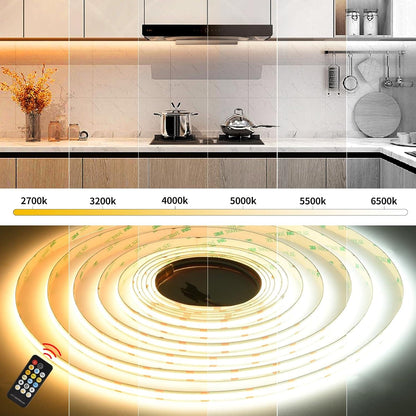 CCT COB LED Strip Lights, Tunable White Dimmable 2700K-6500K, 24V LED Tape Light Kit 16.4Ft/5M,8Mm Wide,High Density Cri90+With Ul-Listed Adapter,For Bedroom,Kitchen,Diy Lighting