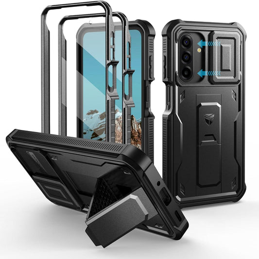 for Samsung Galaxy A17-5G Case, [2 Front Frame] [Bulit-In Magnetic Slide Camera Cover & Kickstand] Heavy Duty Protection Shockproof Samsung A17-5G Case with Screen Protector, 6.7 Inch Black