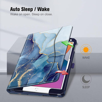 Stylish Ocean Marble iPad Case for 9th/8th/7th Gen - Multi-Angle Stand, Card Slots, and Auto Sleep/Wake Feature