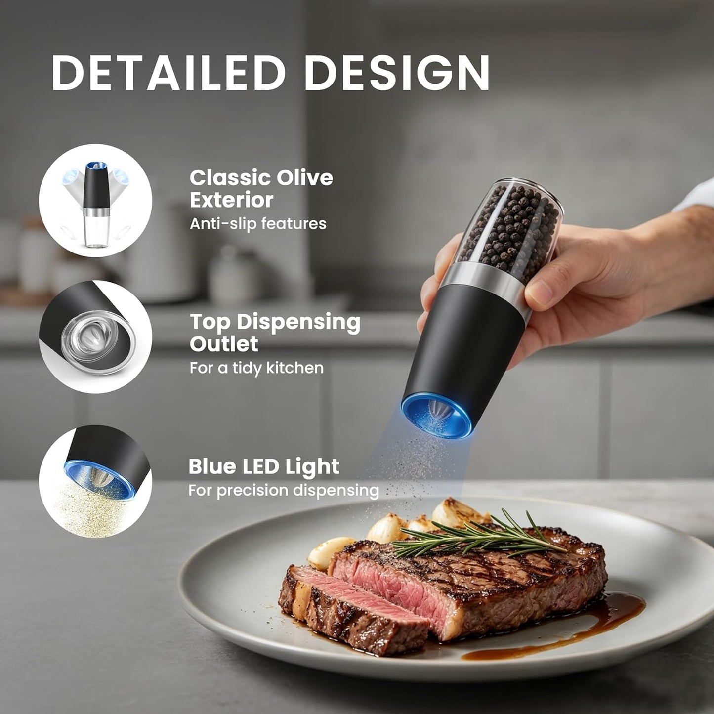 Battery Operated Gravity Electric Salt and Pepper Grinder Set, Automatic Salt and Pepper Grinder Set, Adjustable Roughness,12 Batteries Required, LED Light, 2 Pack, (Black)
