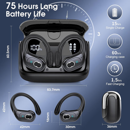 Wireless Earbuds 75H Bluetooth 5.4 Sport Headphones with Earhooks, Black | IPX7 Waterproof In-Ear Buds Feature ENC Noise Cancelling Mic & Deep Bass. Stereo Sound Device for Gym Running Workout