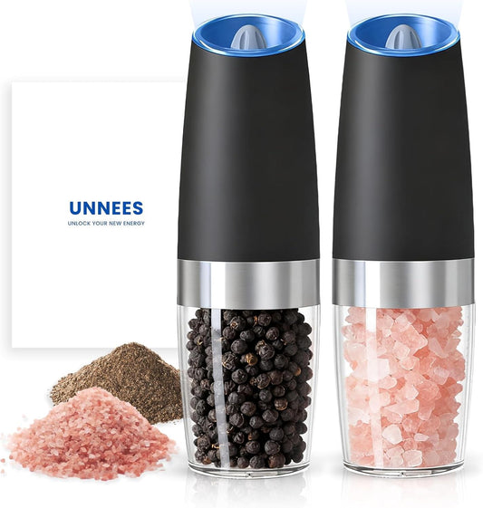Battery Operated Gravity Electric Salt and Pepper Grinder Set, Automatic Salt and Pepper Grinder Set, Adjustable Roughness,12 Batteries Required, LED Light, 2 Pack, (Black)
