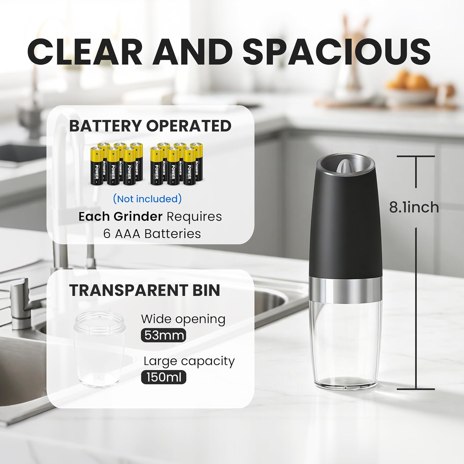 Battery Operated Gravity Electric Salt and Pepper Grinder Set, Automatic Salt and Pepper Grinder Set, Adjustable Roughness,12 Batteries Required, LED Light, 2 Pack, (Black)