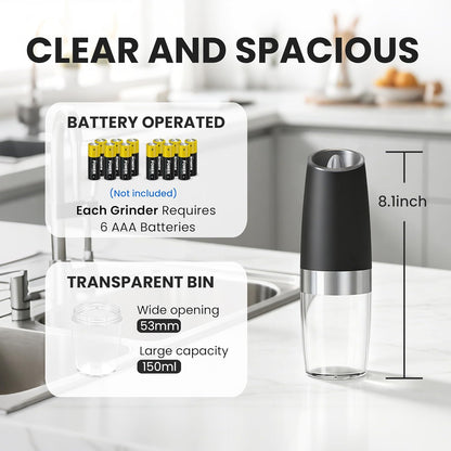 Battery Operated Gravity Electric Salt and Pepper Grinder Set, Automatic Salt and Pepper Grinder Set, Adjustable Roughness,12 Batteries Required, LED Light, 2 Pack, (Black)