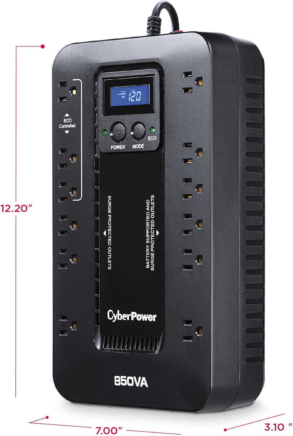 Cyberpower EC850LCD Ecologic UPS Battery Backup and Surge Protector, 850VA/510W, 12 Outlets, ECO Mode, Compact, UL Certified